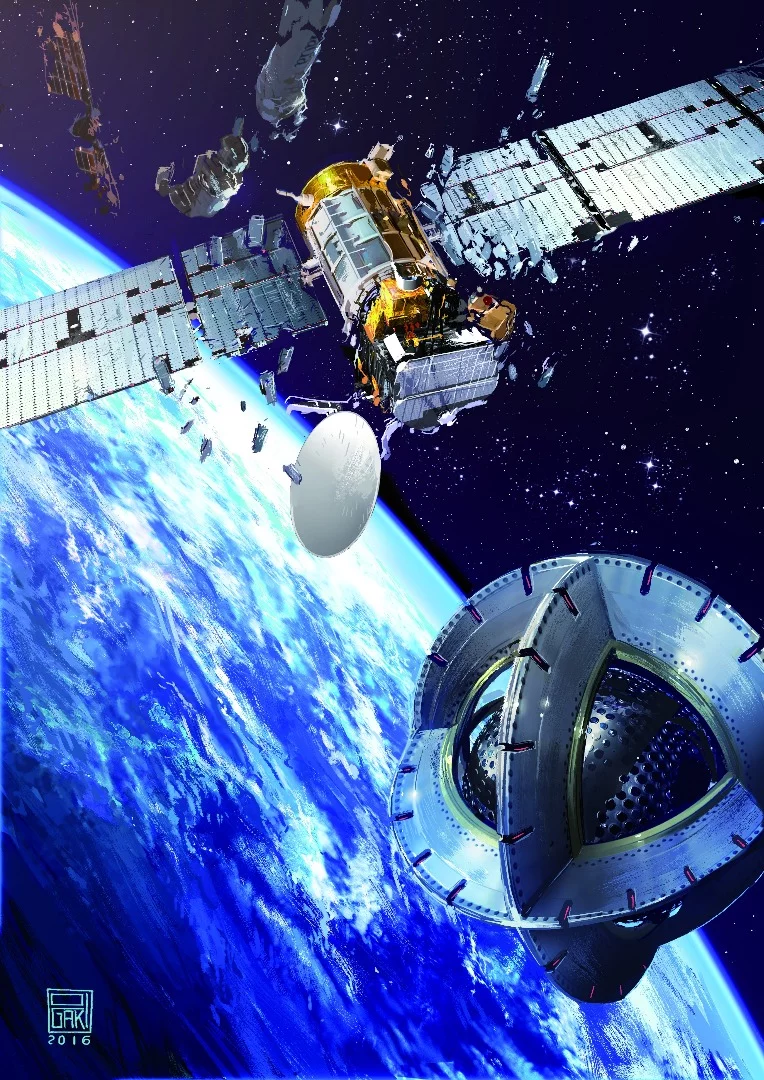 Artist's concept of a magnetic tug nearing a derelict satellite