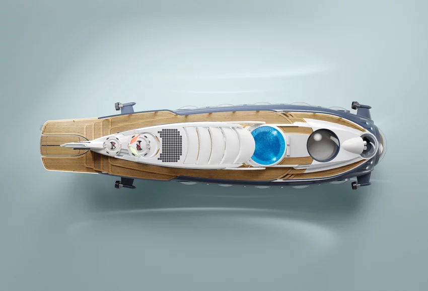Unlike U-Boat Worx's UWEP party sub, the Nautilus includes a large superyacht-style deck complete with swimming pool, bar, dining area and aft beach/swimming deck