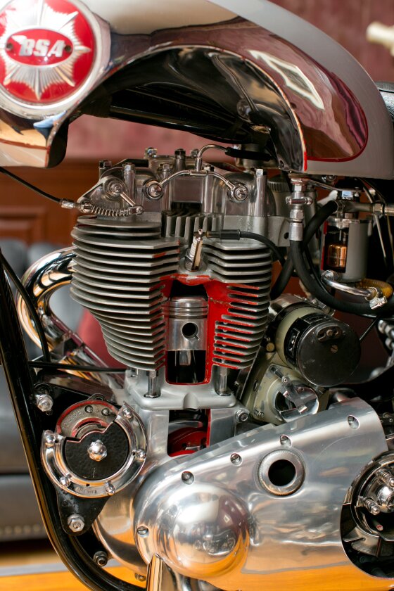 Built by BSA for the 1956 Earls Court Motorcycle Show in London, the “living art”exhibit began with a 1956 BSA B34 Gold Star Clubman motorcycle, which was then fully sectioned and motorized to show drivetrain function, including the movements of the piston, crankshaft, clutch and valves