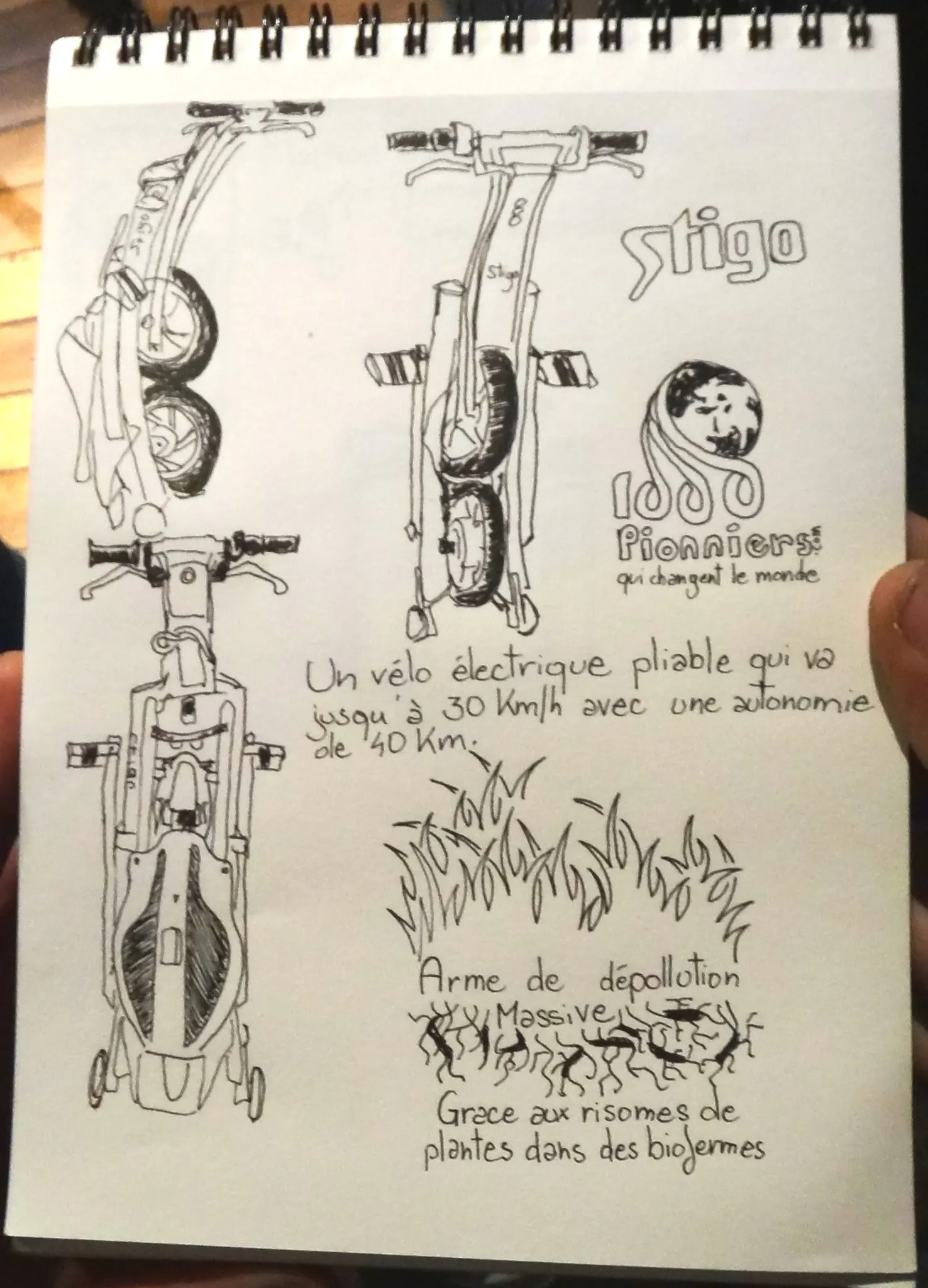 Design sketches of the Stigo folding electric scooter