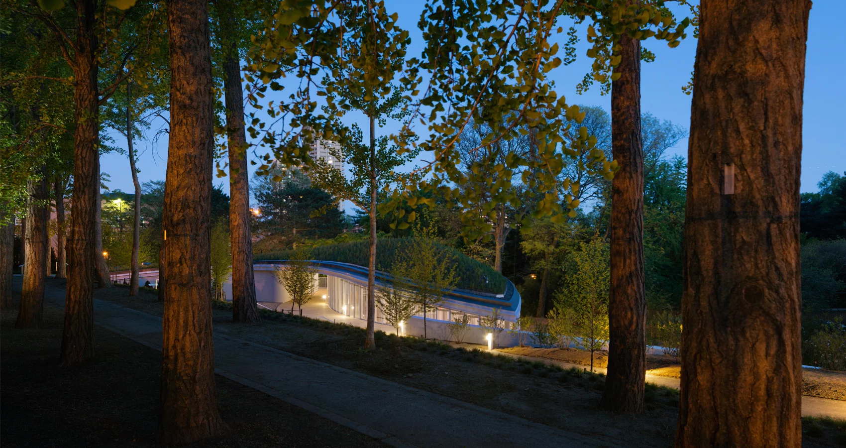 The new visitor center at the Brooklyn Botanic Gardens blends into its surrounding environment