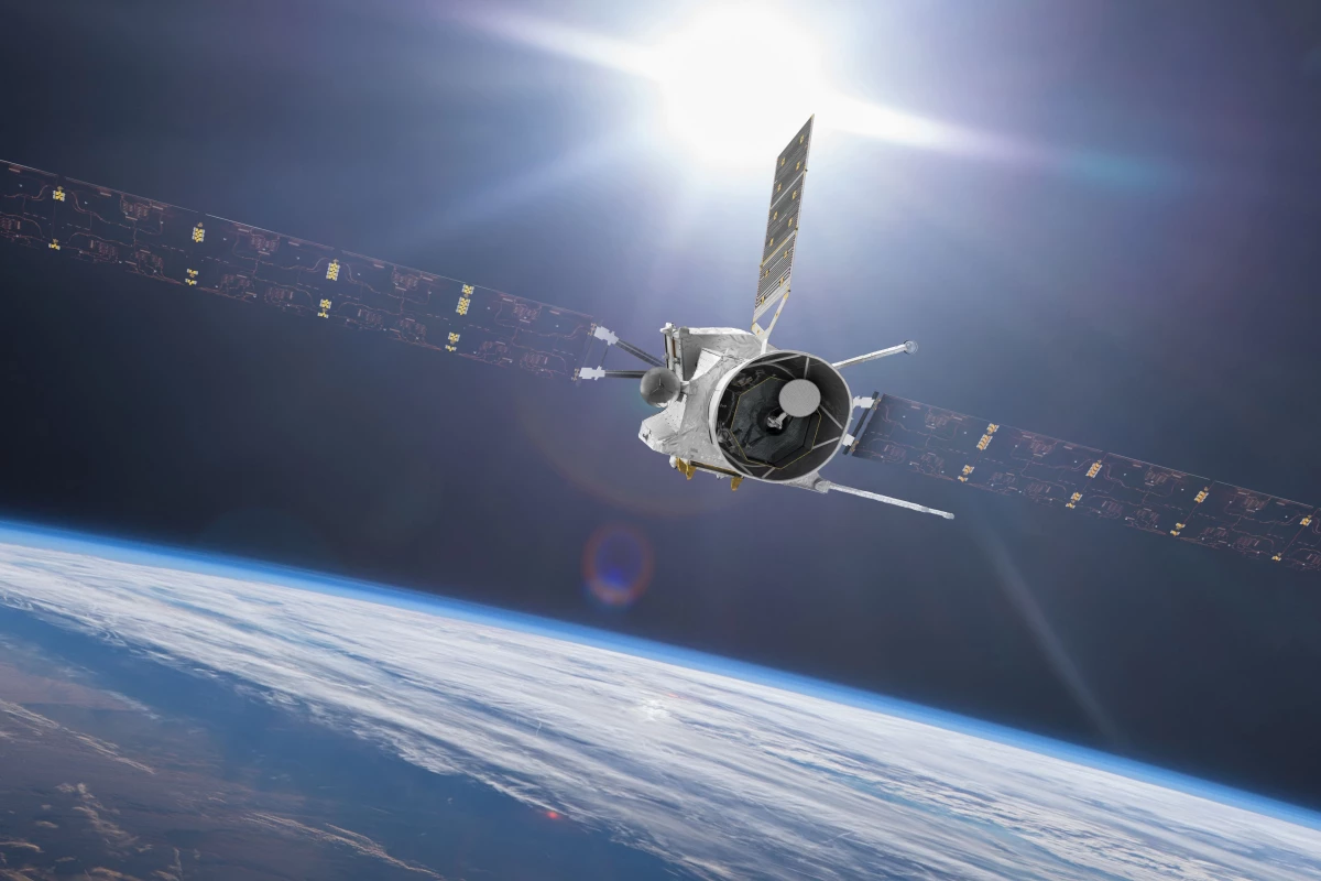 An artist's rendition of BepiColombo, as it flies past Earth in its cruise configuration