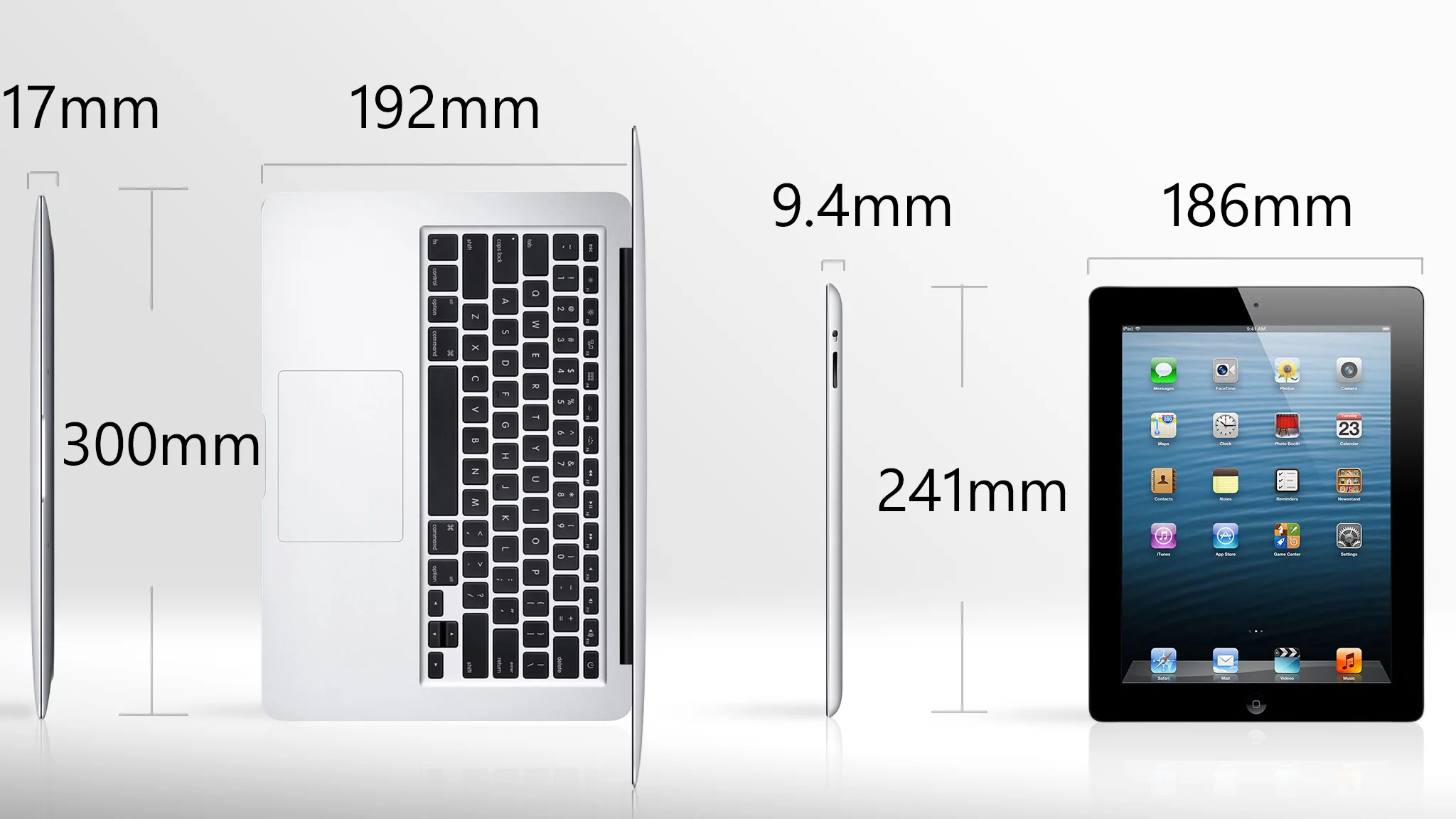 The MacBook Air is quite a bit larger than the iPad (that's the 13" Air pictured here, but measurements and approximate relative size corresponds to the 11" model)