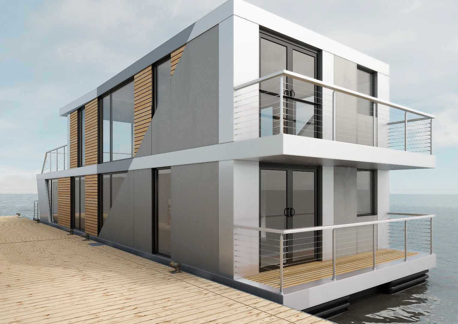 A render showing Bluefield Houseboats' two-story model