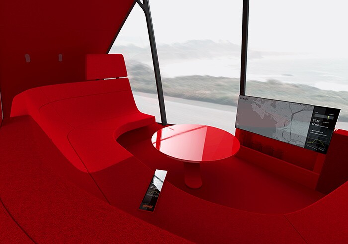 As well as curved seating, the vehicle will have a touchscreen display to offer trip details, entertainment such as movies or games, or business information