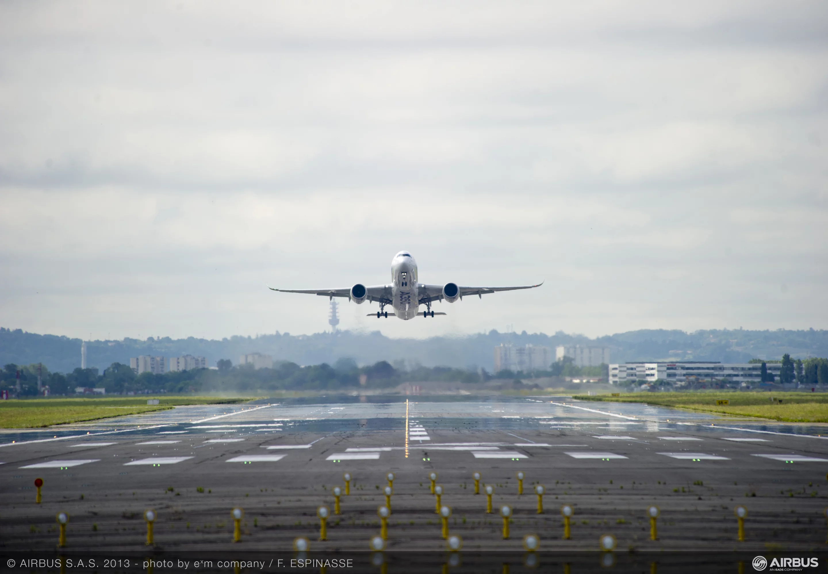 The Airbus A350 XWB takes off from Toulouse-Blagnac Airport in France