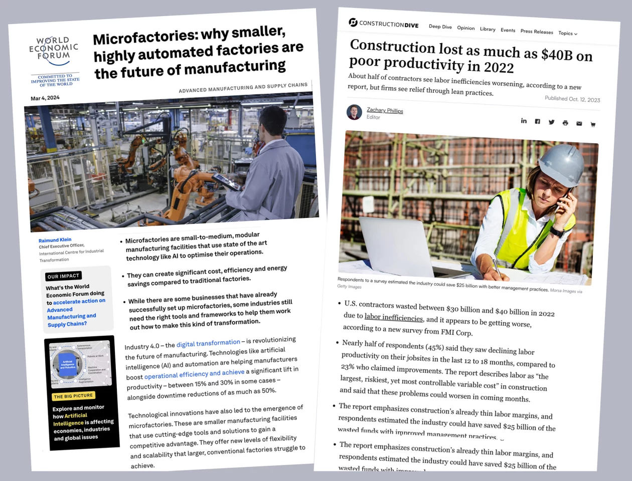 The World Economic Forum has been touting the micro-factory concept for quite some time, even though this micro-factory explainer was only published in March 2024. At right, construction industry journal Construction Dive chronicles some of the productivity woes of the American Industry.