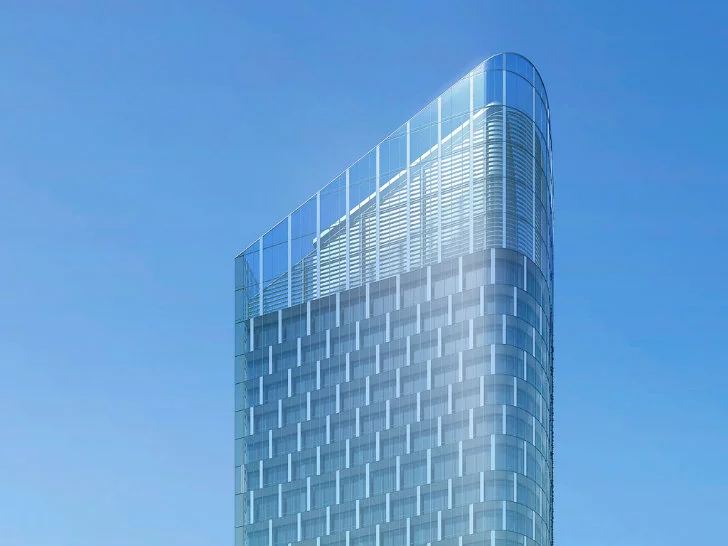 A solar chimney is another component of the passive HVAC system: it pulls air in through the open windows, the air then travels across the floors, is heated and exhaled through the roof shaft (Image: Gensler)