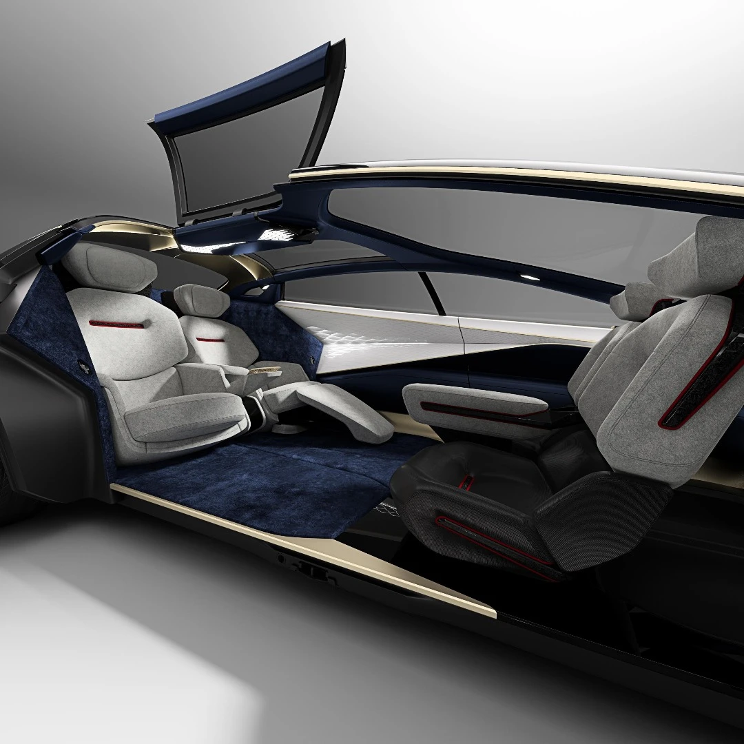 Fabrics like silk and cashmere replace the usual leathers and Alcantaras