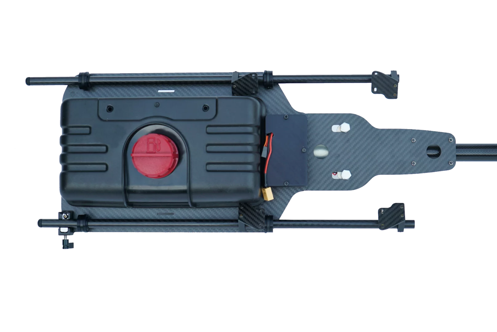 Close-up of the The TF-19 Wasp drone flamethrower attachment main body and one-gallon fuel tank