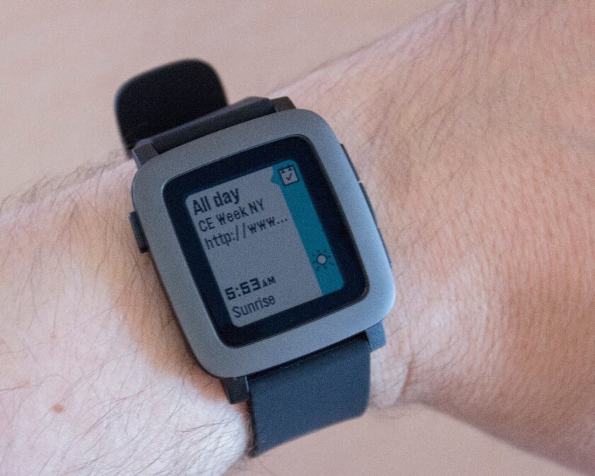An upcoming calendar event in Pebble's time-based UI