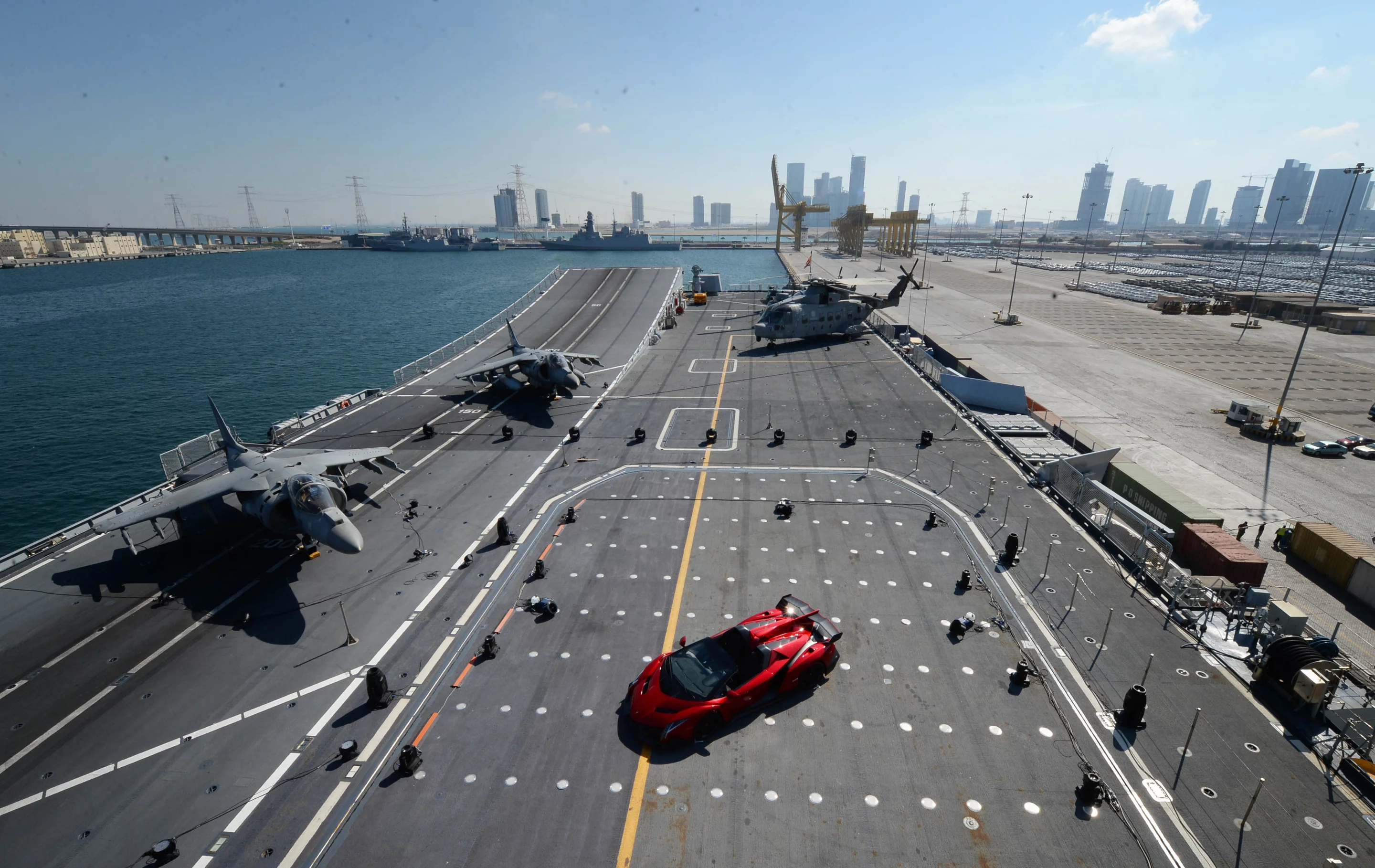 The Lamborghini Veneno Roadster on the flight deck of the Nave Cavour in Abu Dhabi