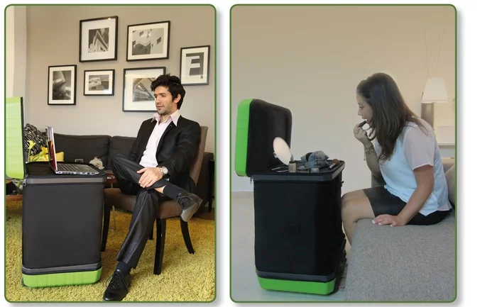 The Fugu Luggage doubles as a makeshift table