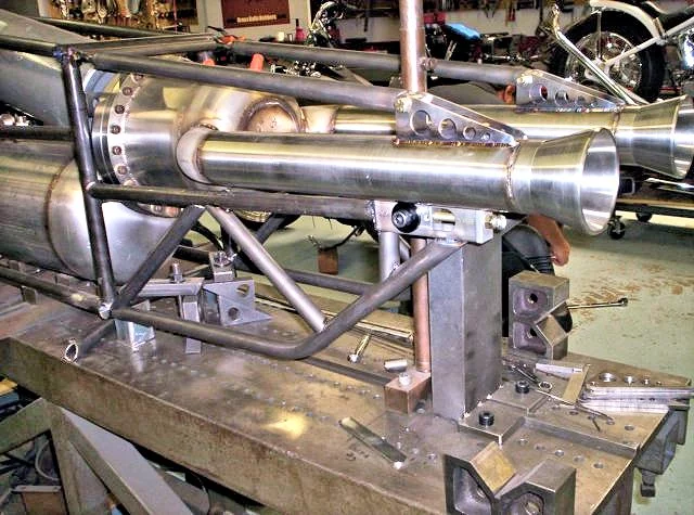 Combustion chamber, nozzles, and hydrogen peroxide tank mounted in motorcycle frame (Photo: Glenn Brittian)