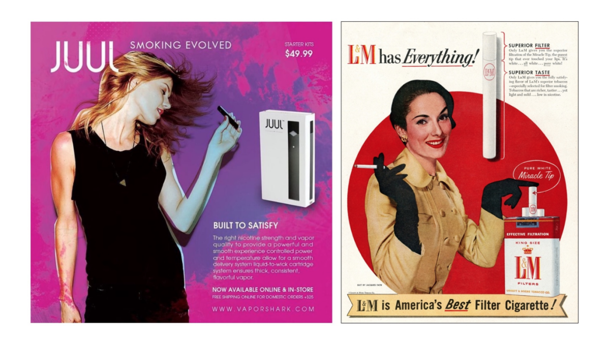 One of the many comparison stills presented in the recent Stanford study illustrating how Juul advertising resembles early cigarette advertising