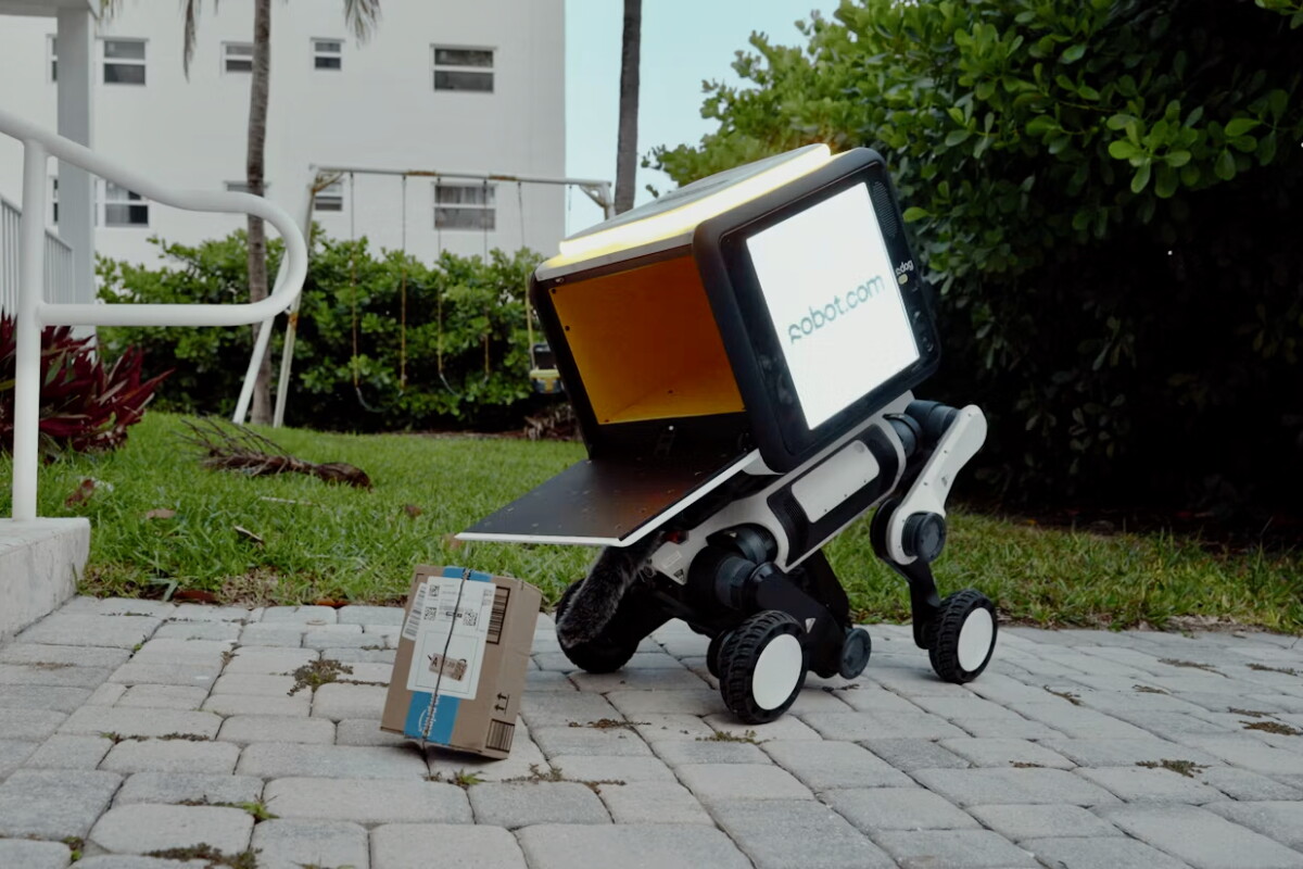 Wheel-legged robot dog dumps packages – and ads