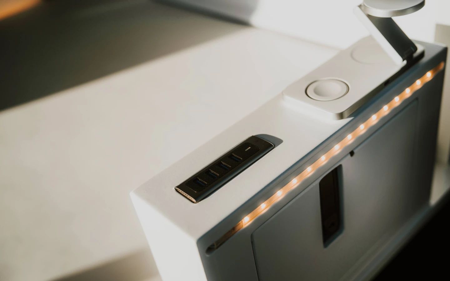 Each tech pod features multiple USB ports, ambient light strips, a reading lamp and a pull-out side table