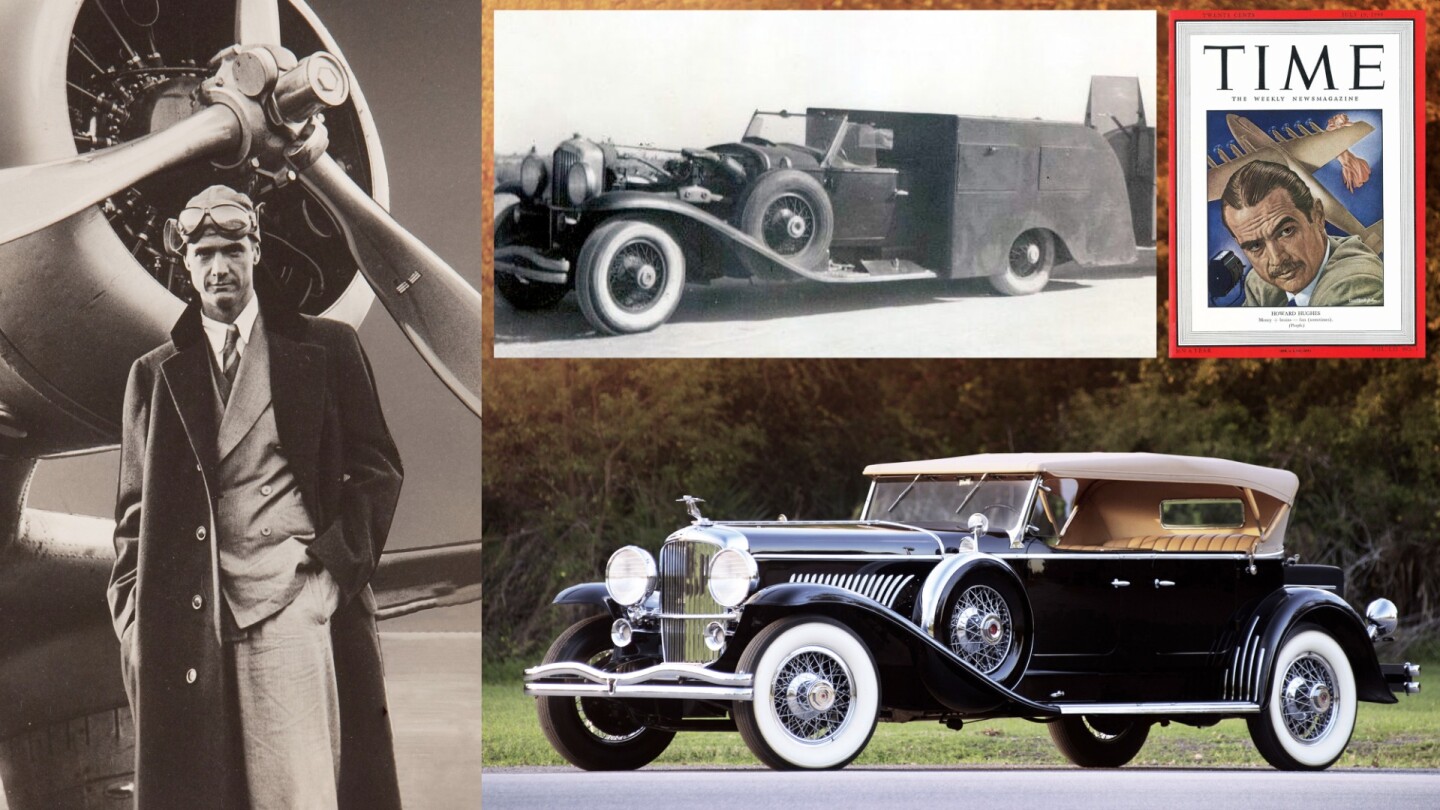 The Model J above began life as a 1931 Duesenberg Model J Tourster by Derham (one of eight built), but was converted by Hughes into a powerful purpose-built automobile for his gliders