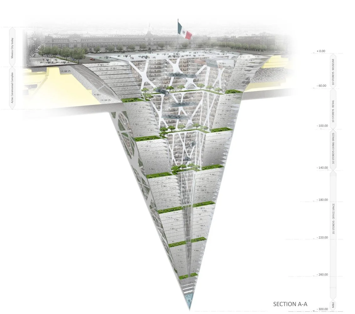 Called The Earthscraper, this is an upside-down skyscraper proposed for Mexico City. This inverted building was suggested a way to enhance urban density without crowding the city skyline