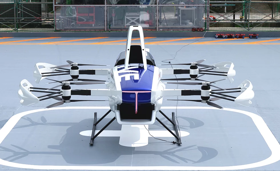 The SD-03 electric vertical take-off and landing aircraft features four sets of counter-rotating rotors, each driven by its own electric motor