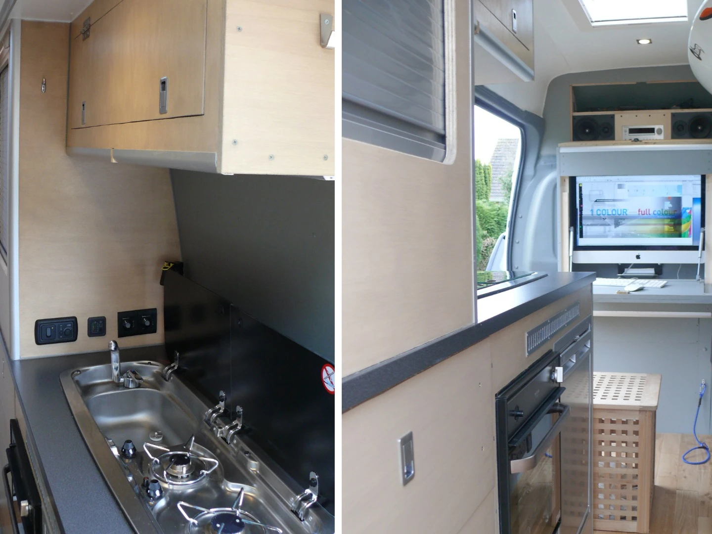 Looking down the aisle of Clarke's Ford Transit camper van