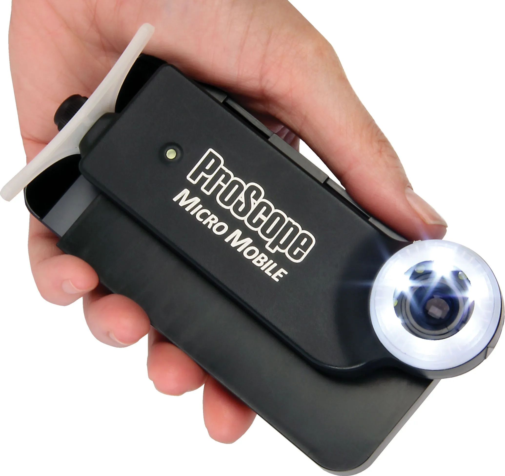 A ring of 12 adjustable-brightness LEDs surround the lens to evenly illuminate the subject, via polarized or reflective lighting