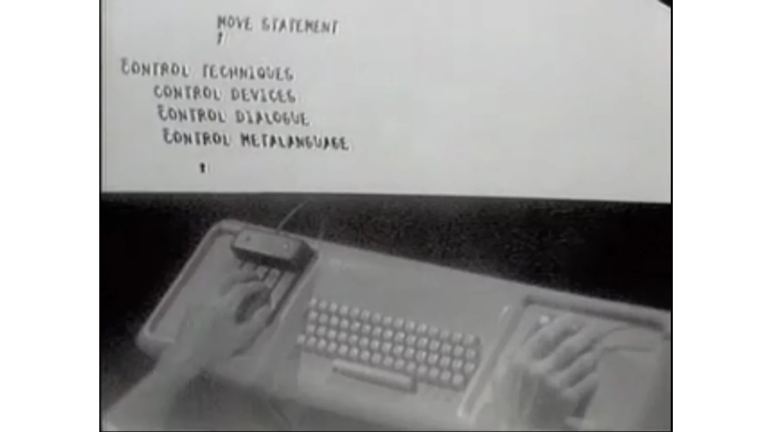 The NLS keyboard console shown in split-screen with the video display (Image: SRI International)