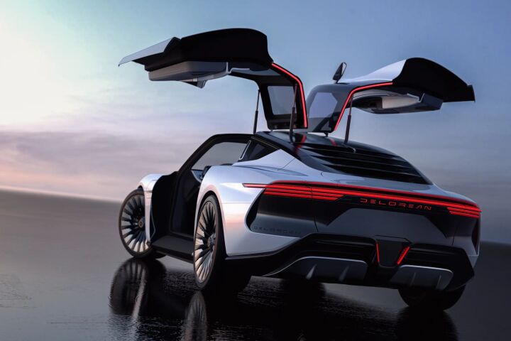 The Alpha5 Launch Edition electric sports coupe retains style touches from the original DeLorean, such as those massive gullwing doors