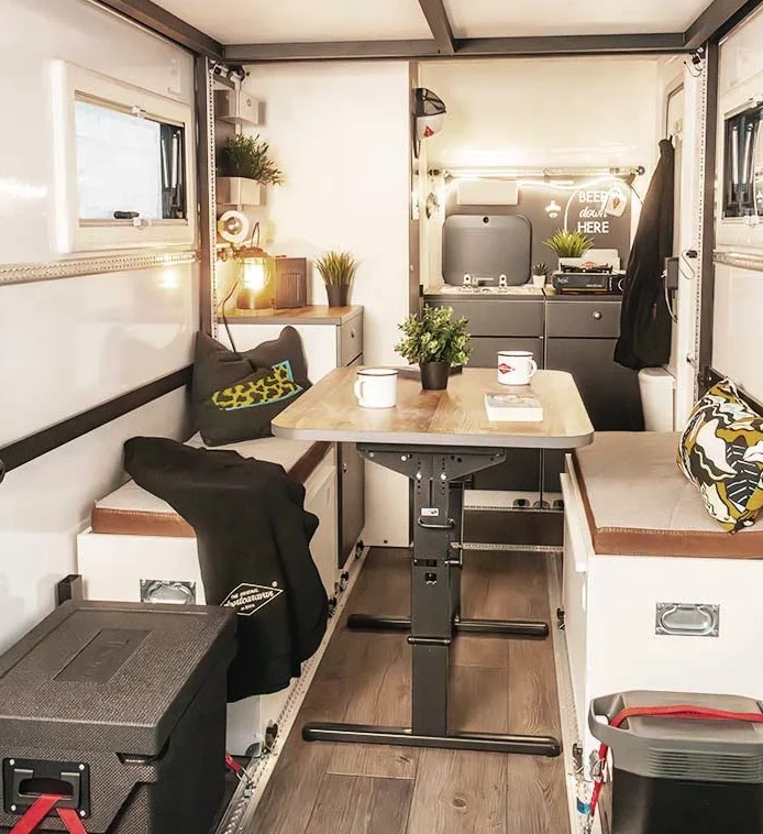 Inside a fully outfitted Cube 3 camping trailer
