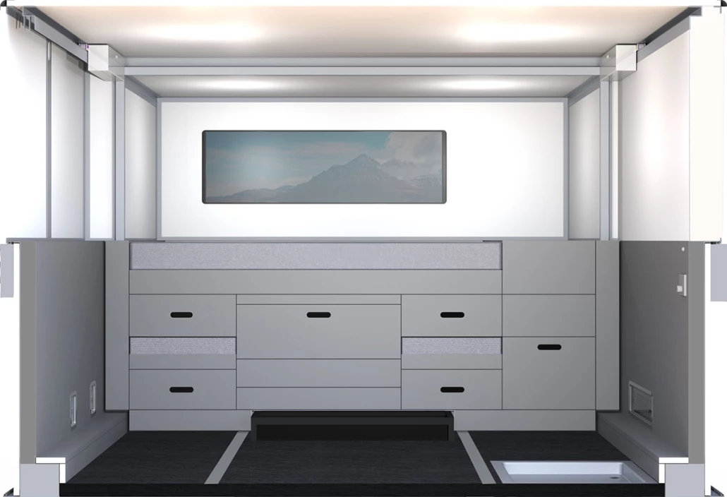 The space below the bed includes a full stack of drawers and slide-outs