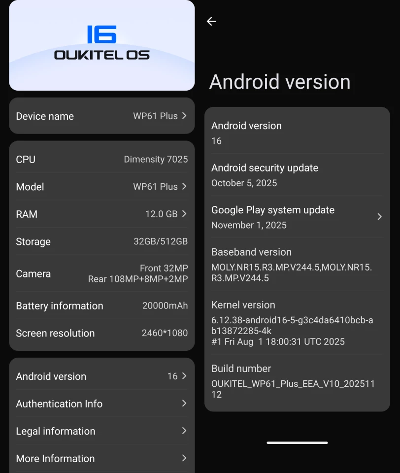 Screenshot of the Oukitel WP61 Plus device and software info