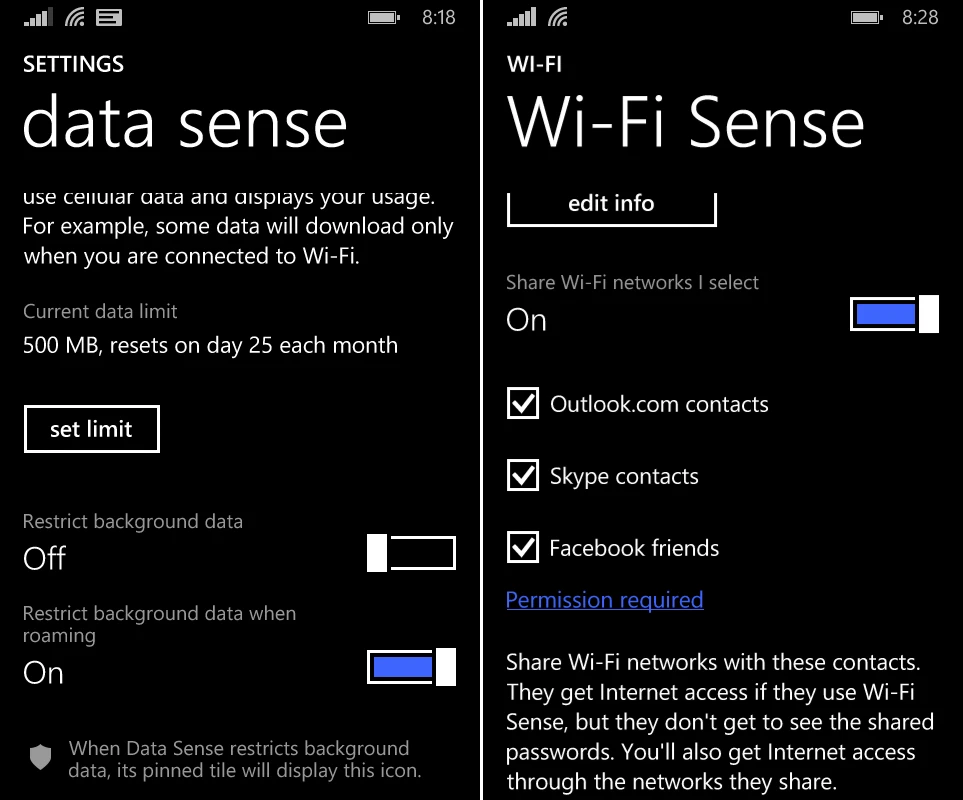Data and Wi-Fi Sense let you save cell plan data and manage networks easier