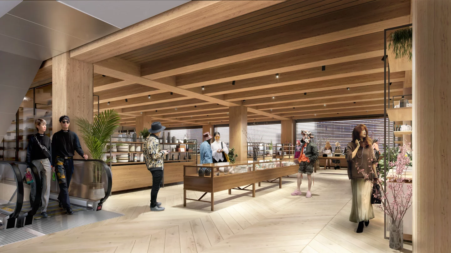 The Shibuya Marui Department Store's interior design will highlight the beauty of natural wood and feature exposed timber beams