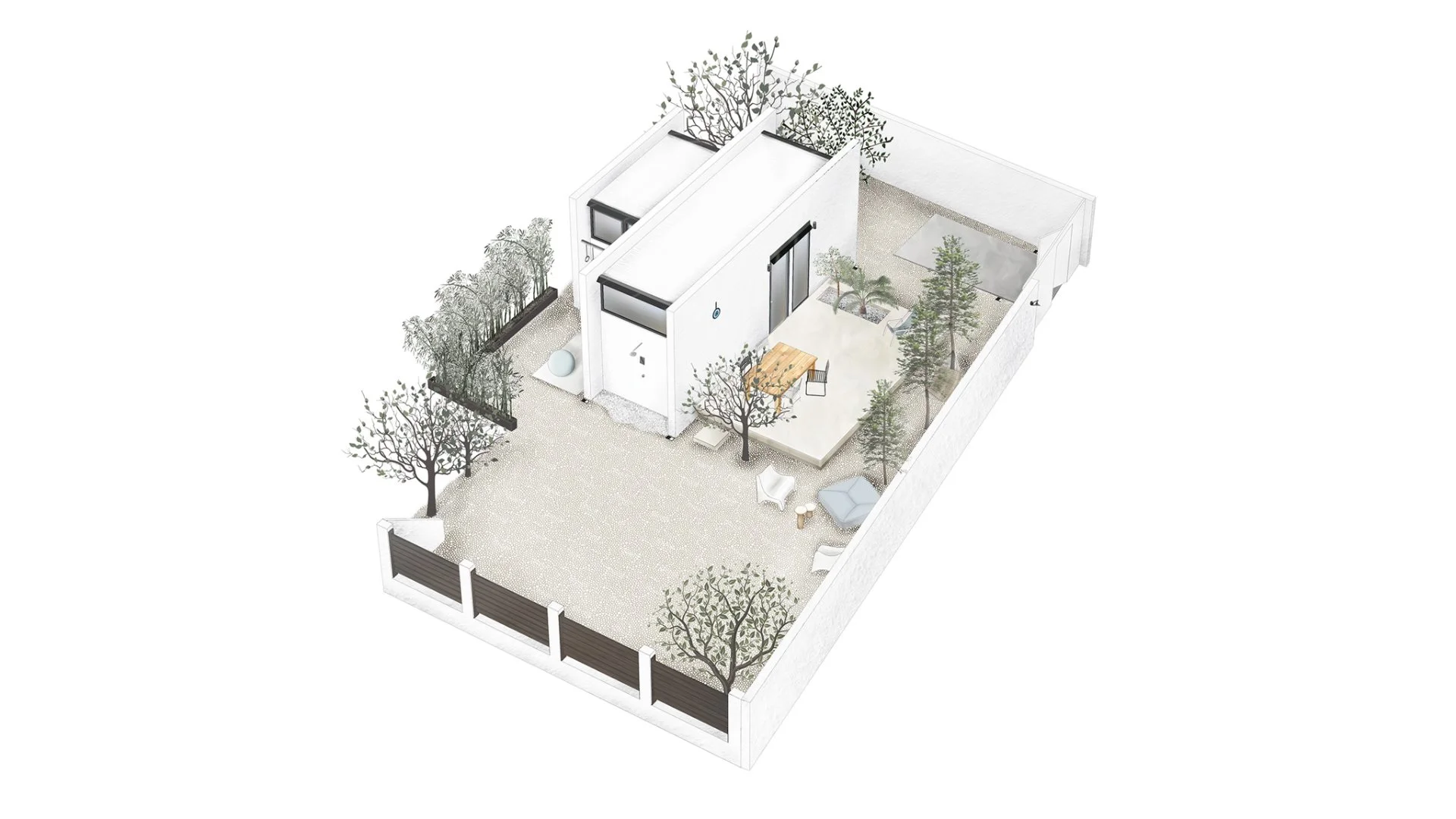 Monocabin can be adapted to come with a prefabricated swimming pool; terrace roller blinds and rooftop solar panels