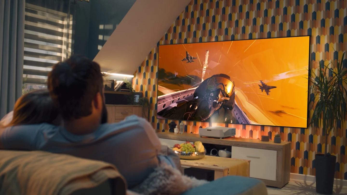 Full HD visuals at up to 130 inches from just a few inches away from the wall or screen