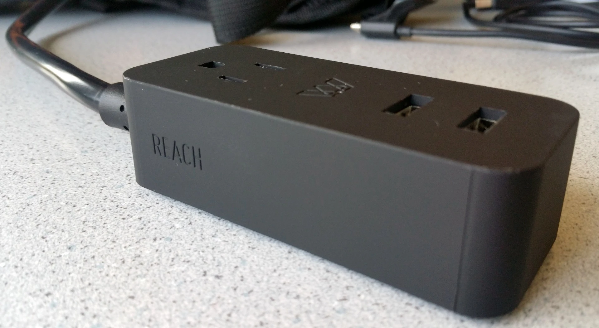 The MOS Pack integrates its power extension product, the MOS Reach, which features one wall socket and dual USB ports for charging