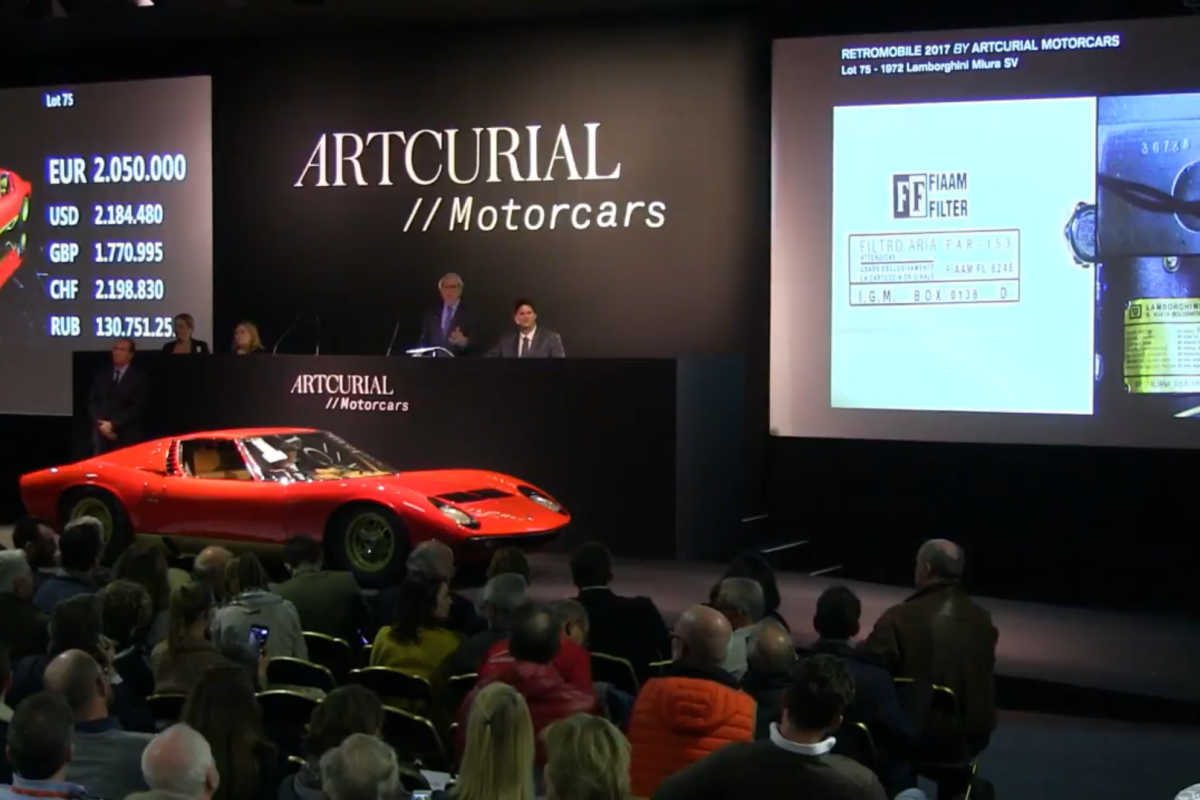 One of the stars of the Artcurial show was this 1972 Lamborghini Miura SV which fetched €2,388,400 against an estimate of €2,200,000 to €2,600,000