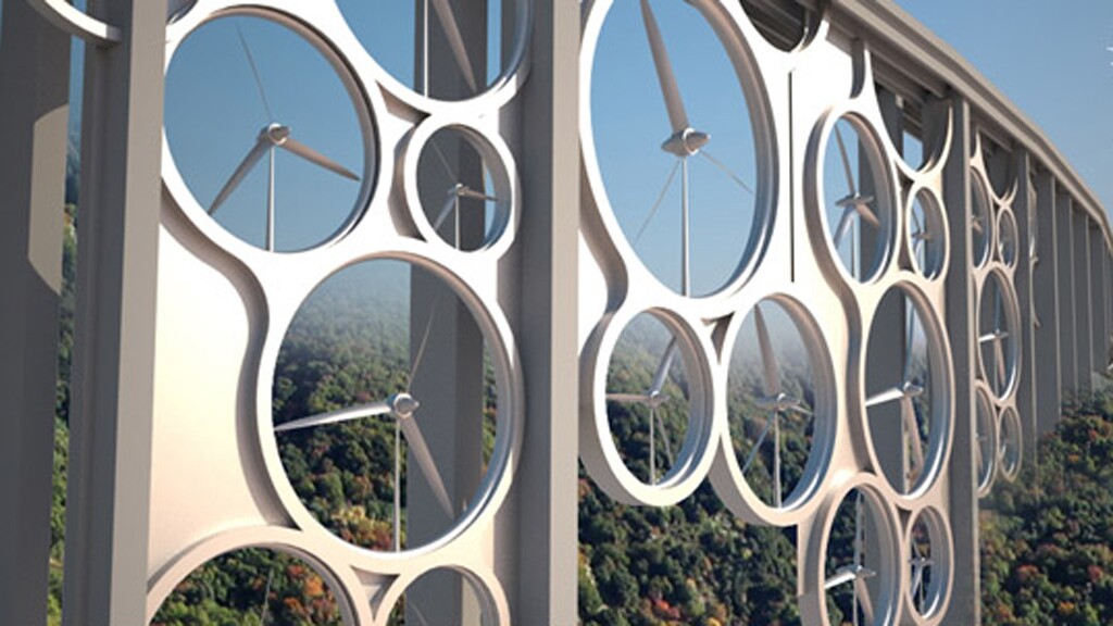 The Solar Wind bridge concept combines solar cells and wind turbines to generate power for around 115,000 homes