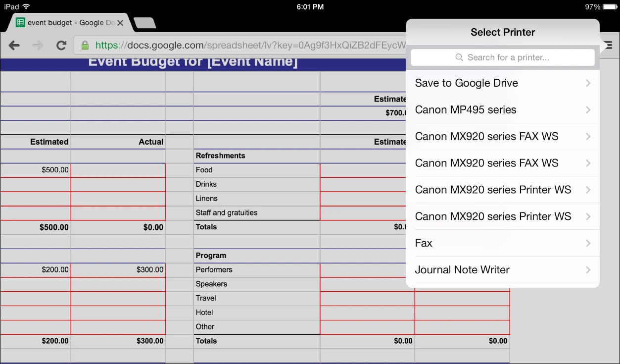 The Google browser and mobile apps allow you to print from iOS