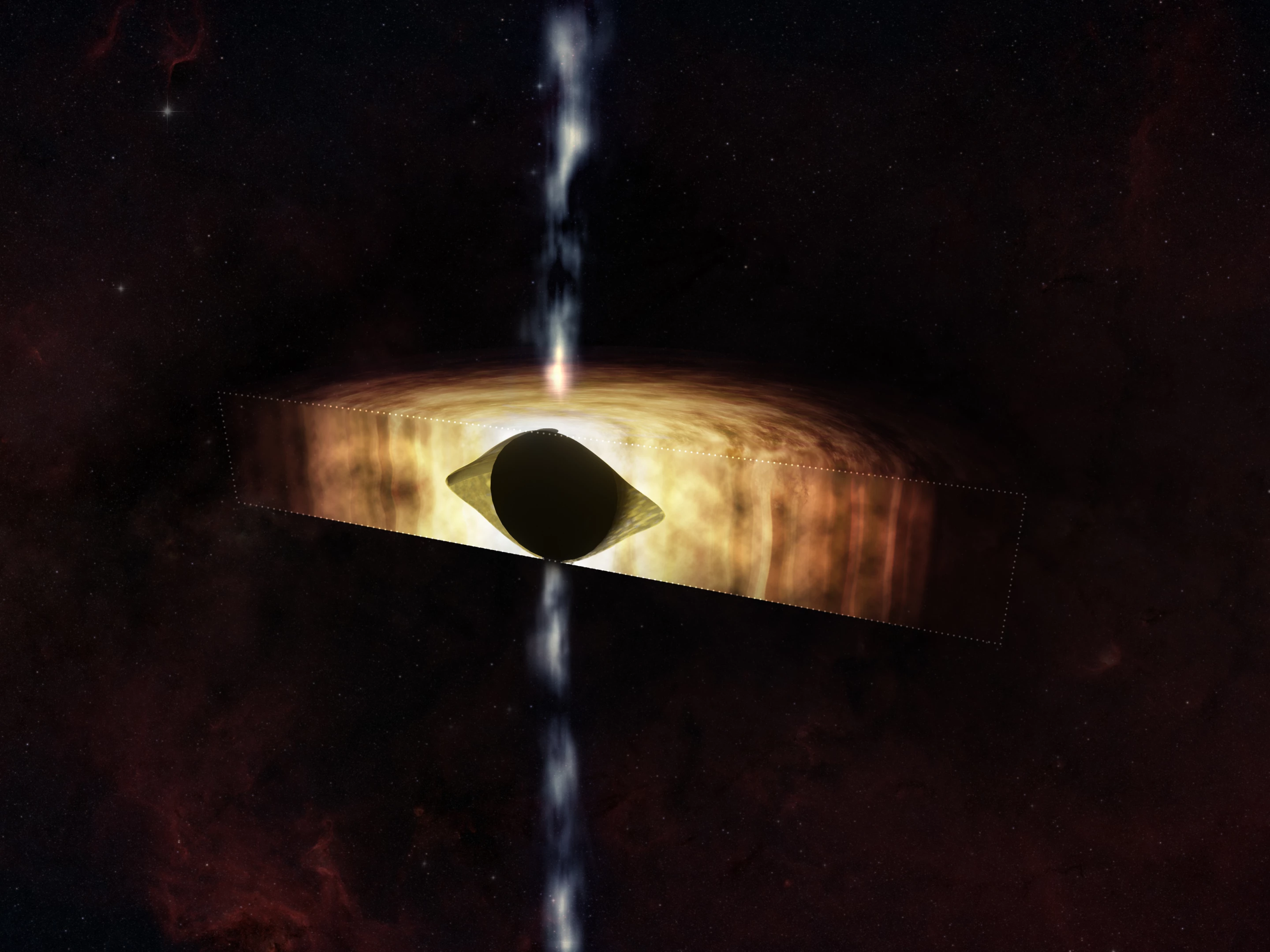 An illustration shows how the supermassive black hole at the center of our galaxy is squashing spacetime into a football shape