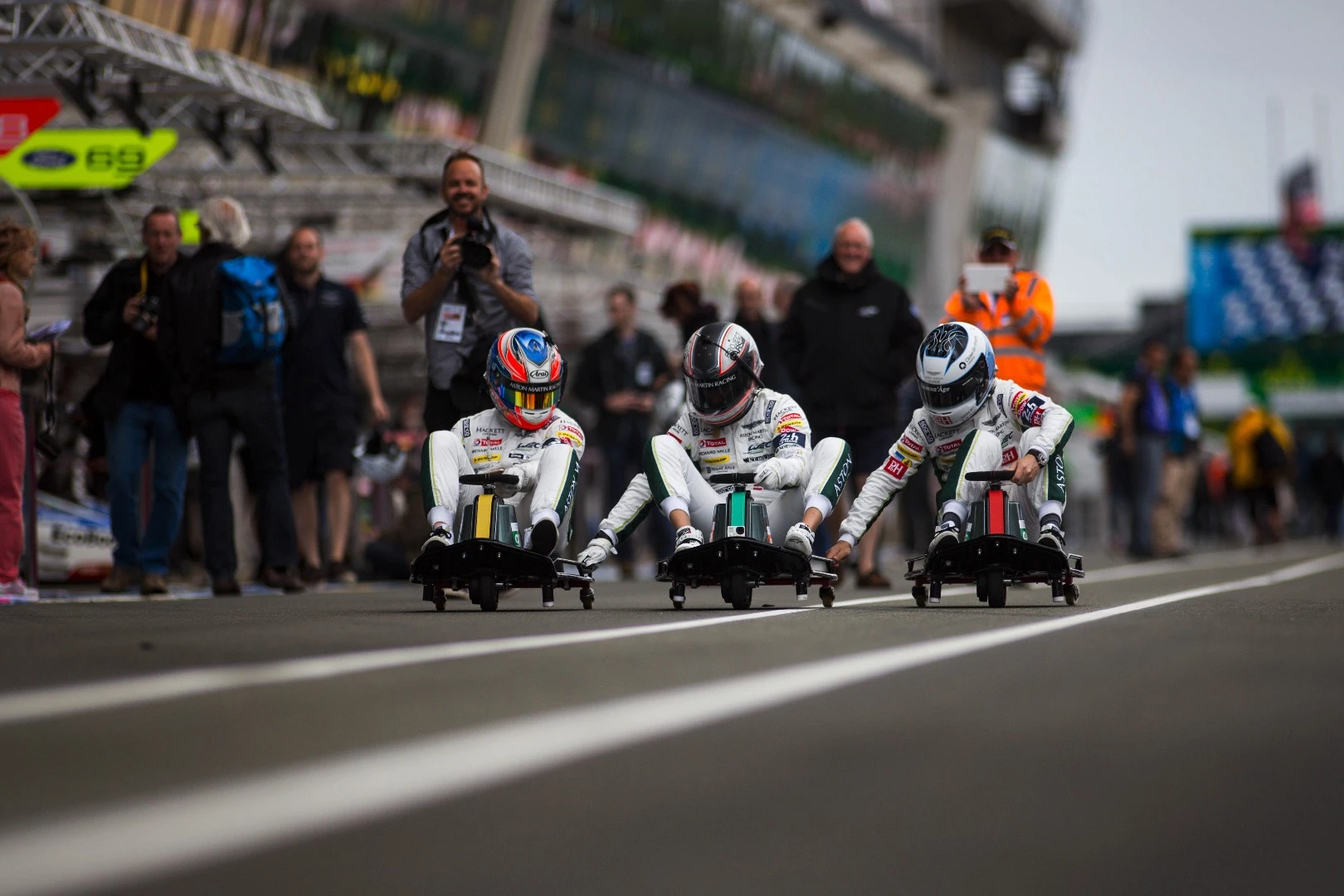 Aston Martin drivers do a little "warm up" at Le Mans