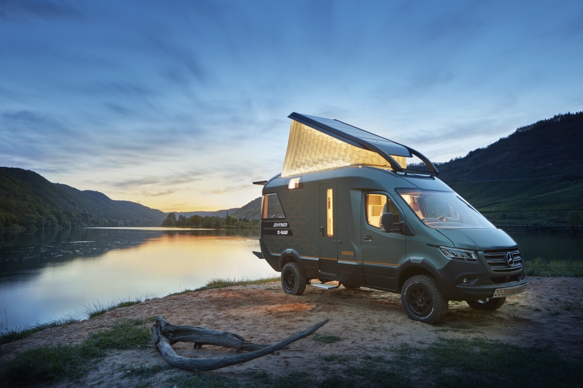 The light in the Hymer VisionVenture's pop-up roof teams with the white inflatable sides to create a soft, ambient glow