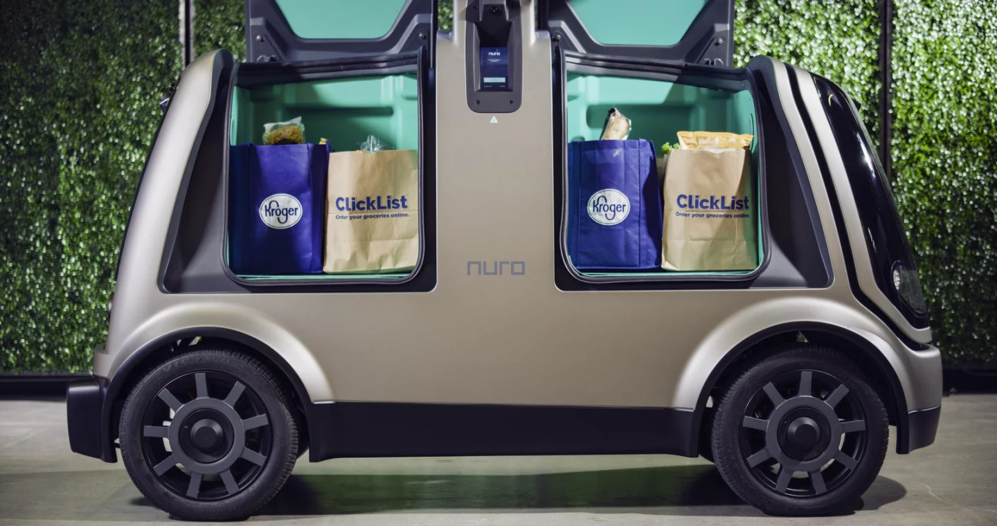Nuro's autonomous delivery vehicle loaded with groceries