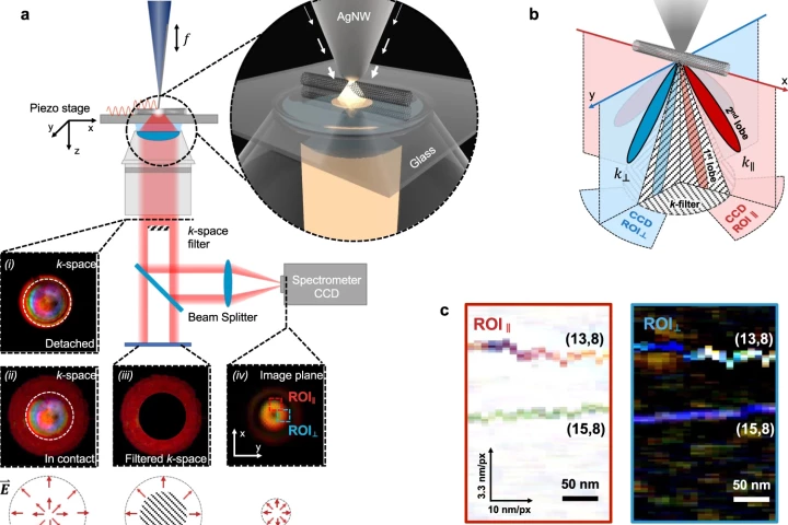A diagram of the system, with an image of two carbon nanotubes (c) visible at the lower right
