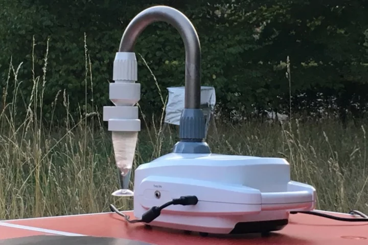 The air sampler used in the study works by sucking in air and swirling it through water, where any particles contained in the air get captured