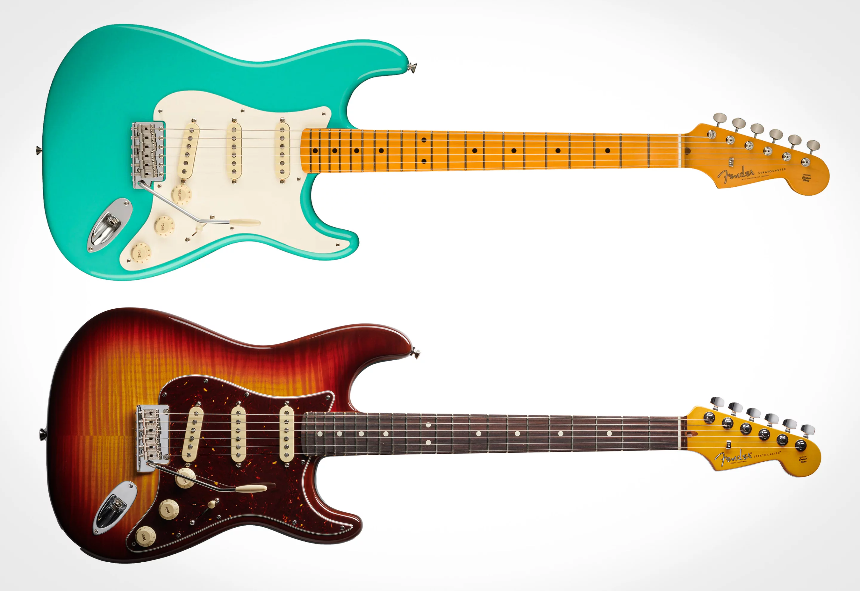 Top: American Vintage II 1957 Stratocaster. Bottom: 70th Anniversary American Professional II Stratocaster