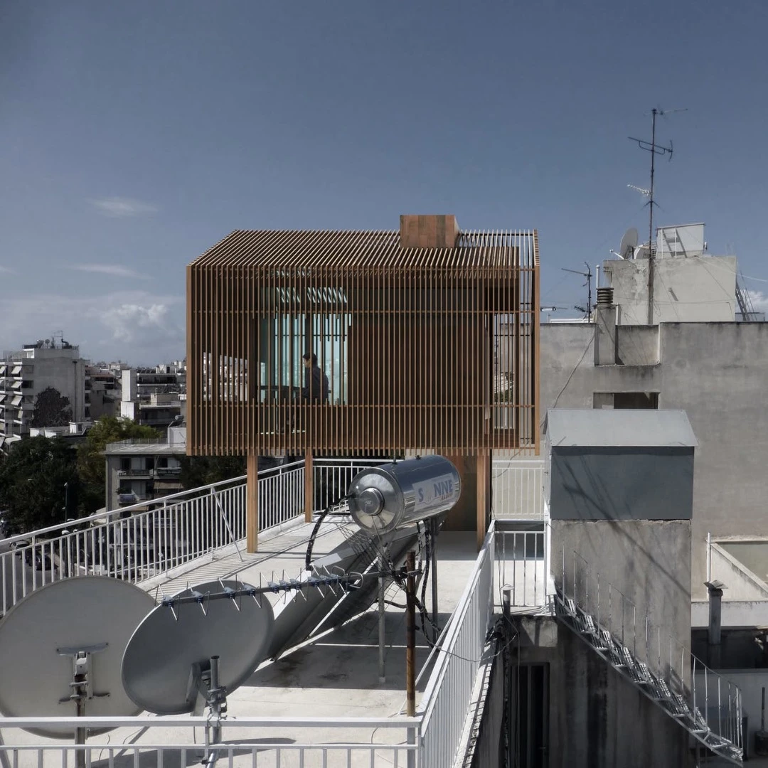 This concept, from Panos Dragonas Christopoulou Architects, was designed to sit on top of an apartment block in Athens and act like a rustic tiny cabin akin to a rural retreat in an urban jungle