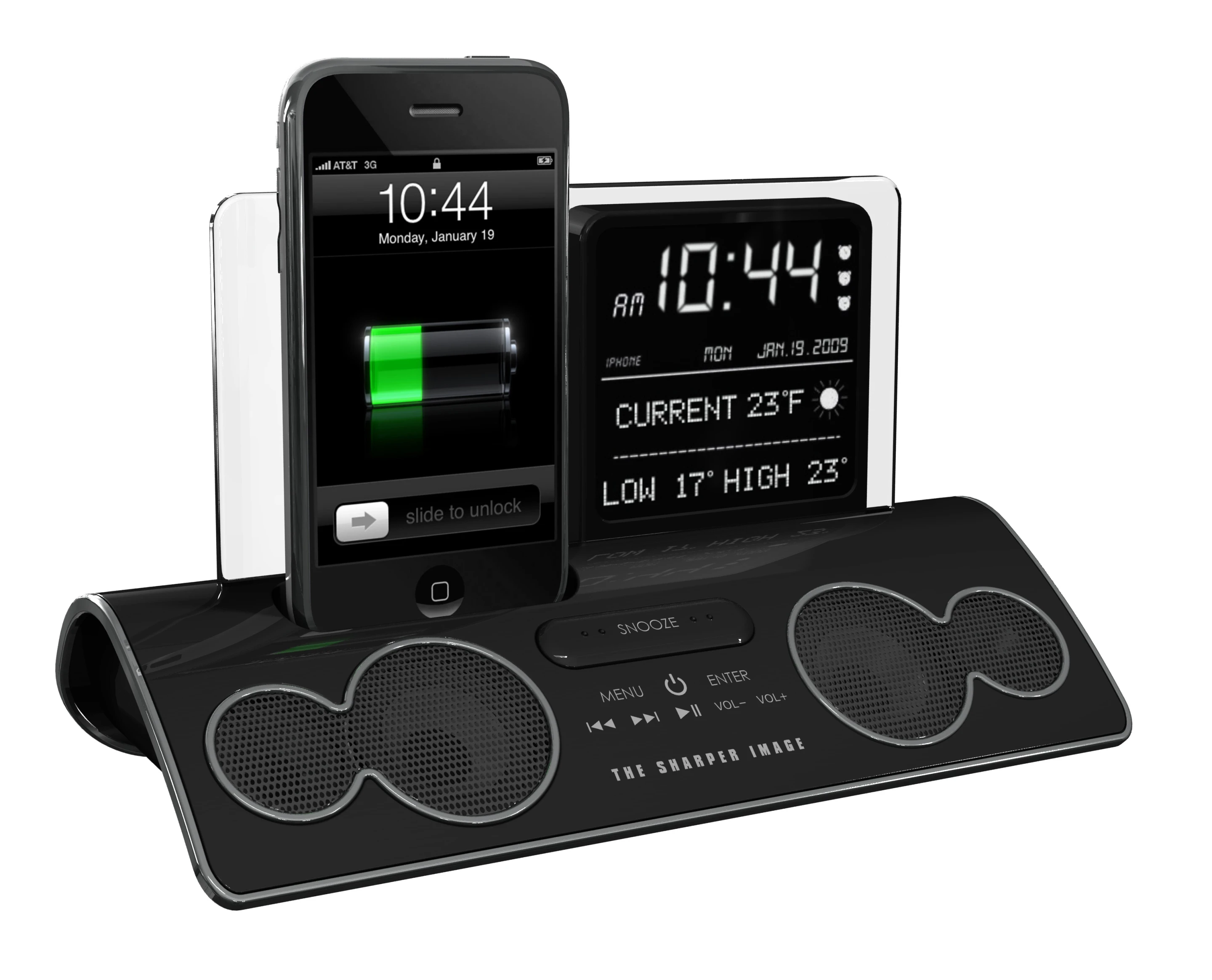 The split LCD/dot matrix screen displays time, news, weather, gossip and other information