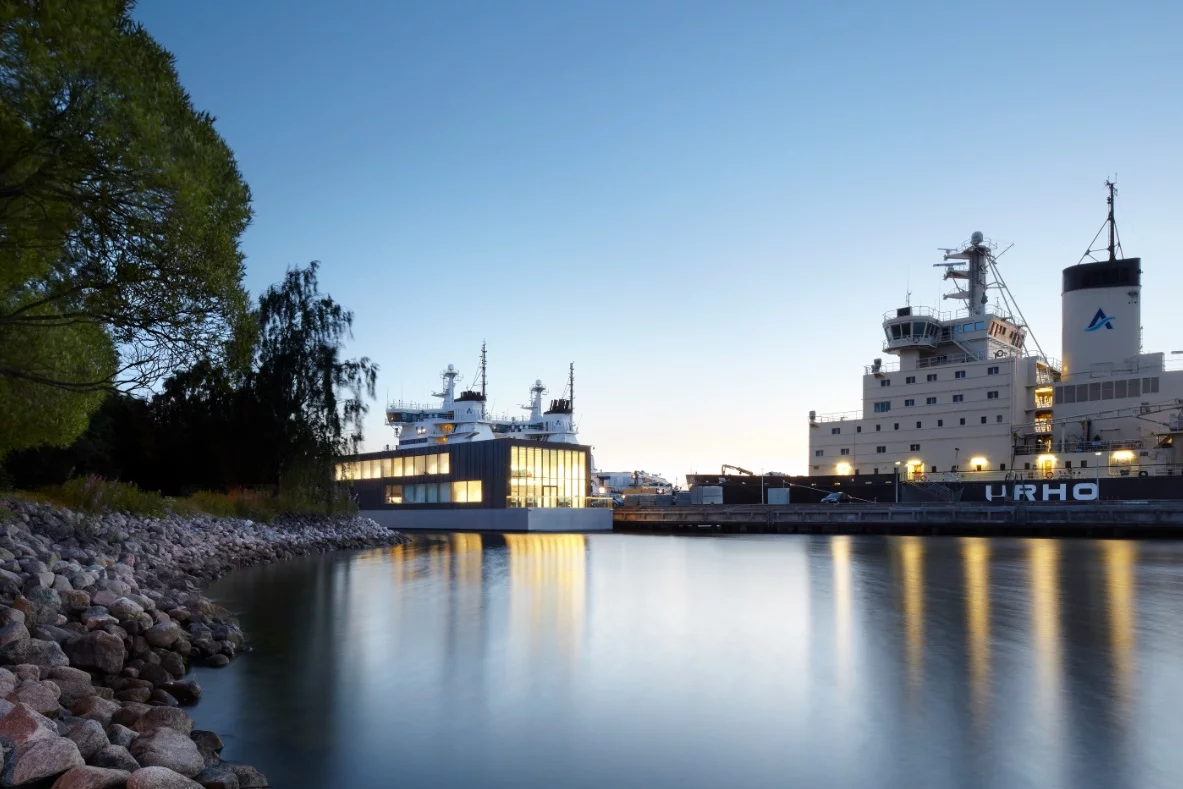 The floating structure was built in a shipping yard in the west of Finland before being towed to its new home at the Meriksarmi Pier, Helsinki