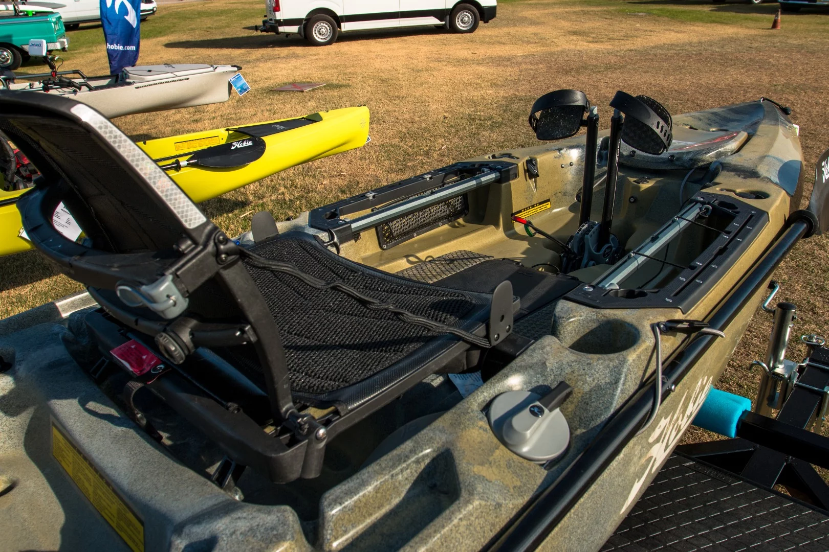 Hobie's new Mirage Outback is its new flagship fishing kayak, featuring in-built protection for fish finder transducers underneath, as well as live bait and tackle management and molded-in rod holders